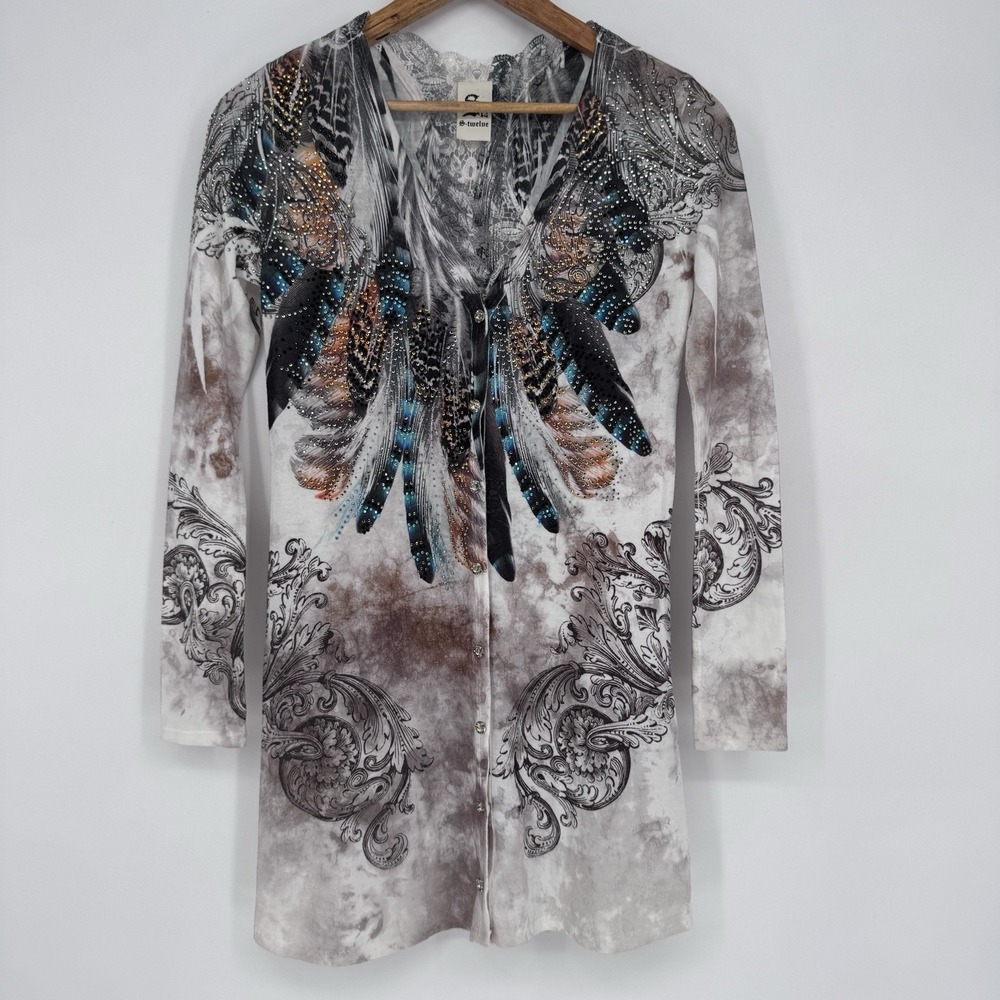 S-Twelve Button Front Top S Feather Scrollwork Rhinestone Y2K Boho Grunge Bling